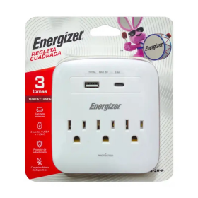 PROTECTOR REGLETA ENERGIZER YB106P OVALADA 3 TOMAS +USB A + USB C