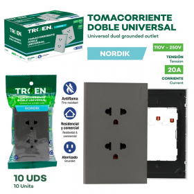 TOMACORRIENTE DOBLE EUROPEO-AMERICANO 20A GRIS NORDIK TROEN 110V-250V TR-HTP-6CU