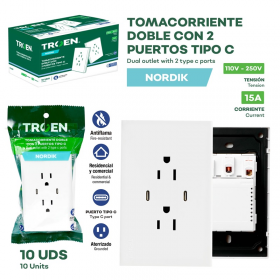 TOMACORRIENTE DOBLE + 2 PUERTOS TIPO C 15A BLANCO NORDIK TR-HTW-6C2TC TROEN