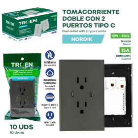 TOMACORRIENTE DOBLE + 2 PUERTOS TIPO C 15A GRIS NORDIK TR-HTP-6C2TC TROEN