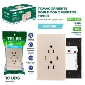 TOMACORRIENTE DOBLE + 2 PUERTOS TIPO C 15A ORO CHAMPAGNE NORDIK TR-HTG-6C2TC TROEN