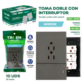 TOMACORRIENTE DOBLE CON INTERRUPTOR GRIS NORDIK TROEN 110V-250V TR-HTP-1K6C