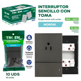 TOMACORRIENTE SENCILLO CON INTERRUPTOR GRIS NORDIK TROEN 110V-250V TR-HTP-1K1C