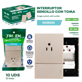 TOMACORRIENTE SENCILLO CON INTERRUPTOR ORO CHAMPAGNE NORDIK TROEN 110V-250V TR-HTG-1K1C