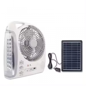 VENTILADOR RECARGABLE 7 PULG. CON LAMPARA LED, RADIO Y PANEL SOL